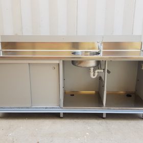 RETROBANCO DA LAVORO FRIGOMECCANICA IN ACCIAIO INOX CON LAVELLO E MISCELATORE + 2 ANTE SCORREVOLI